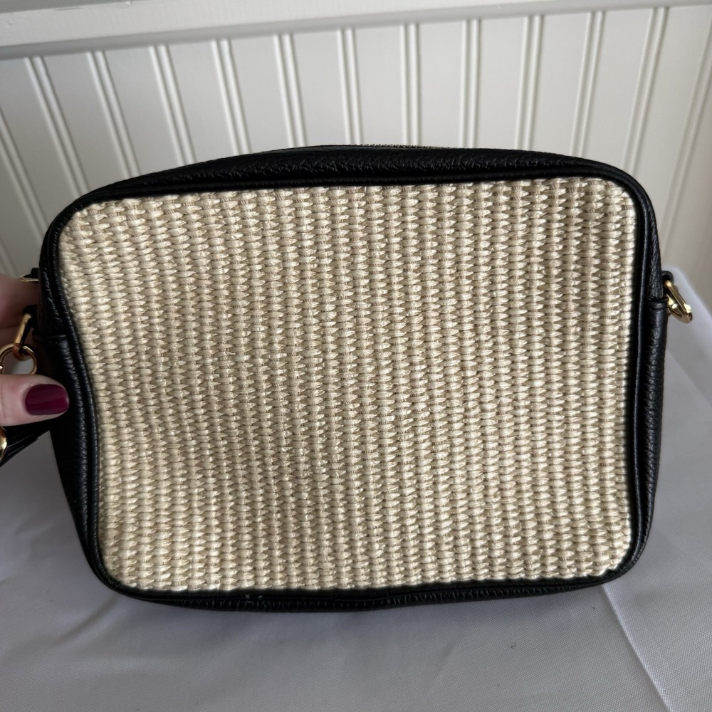 QUINCE ITALIAN LEATHER & RAFFIA CROSSBODY BAG NATURAL TAN BLACK HANDBAG PURSE